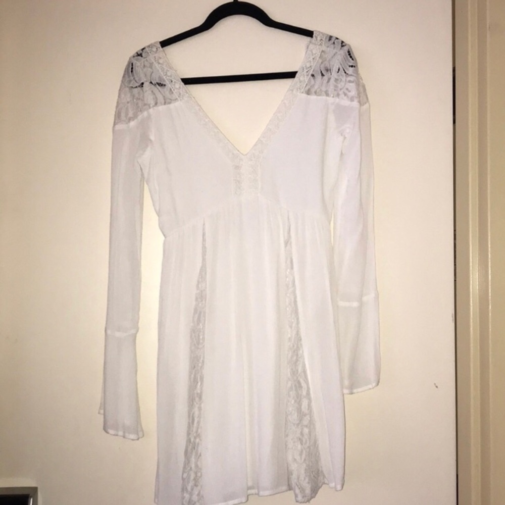 White Dress with V Neck Back and Bell Sleeves